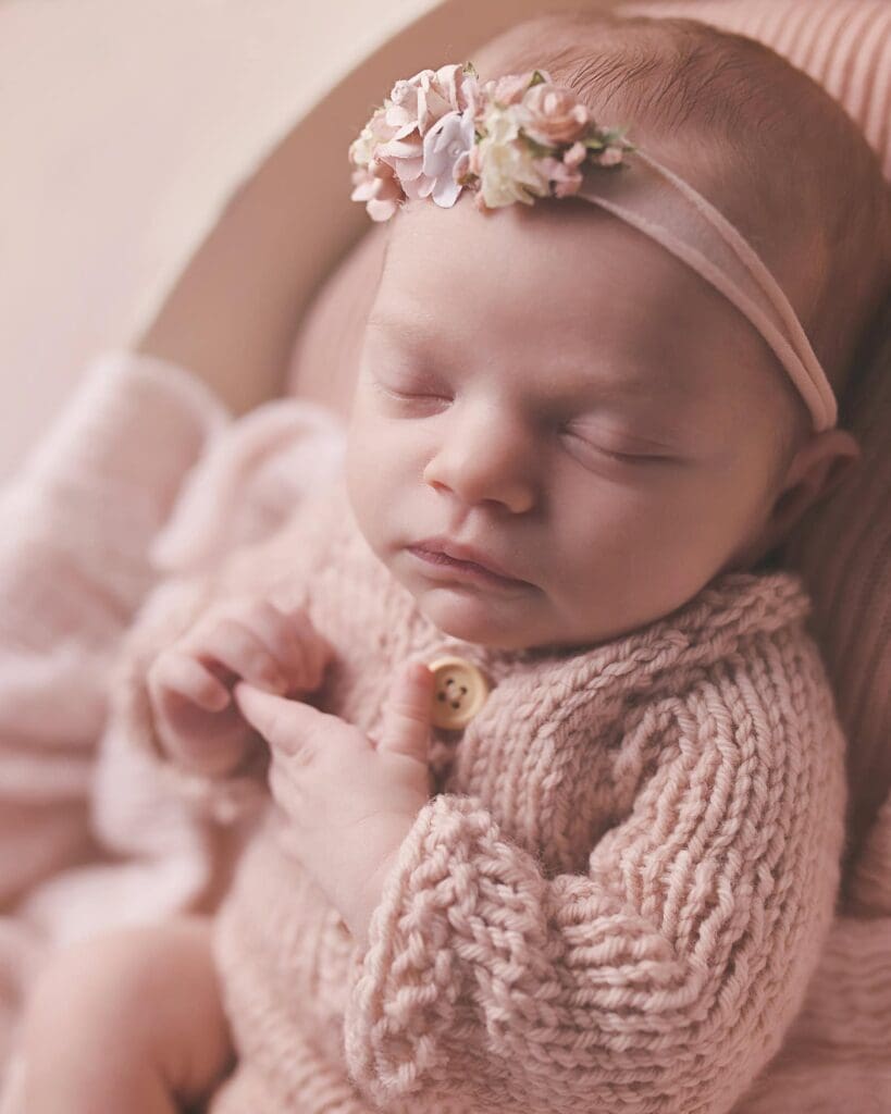 Sleeping newborn baby girl wearing a soft pink knit outfit and delicate floral headband during a timeless Nashville newborn photography session.