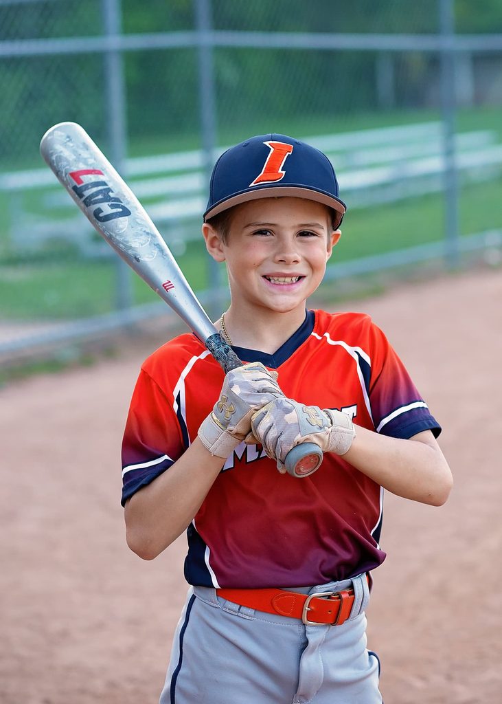 Smiling young baseball player in a red jersey and blue cap holding a bat on a baseball field during a Nashville children's photography session.