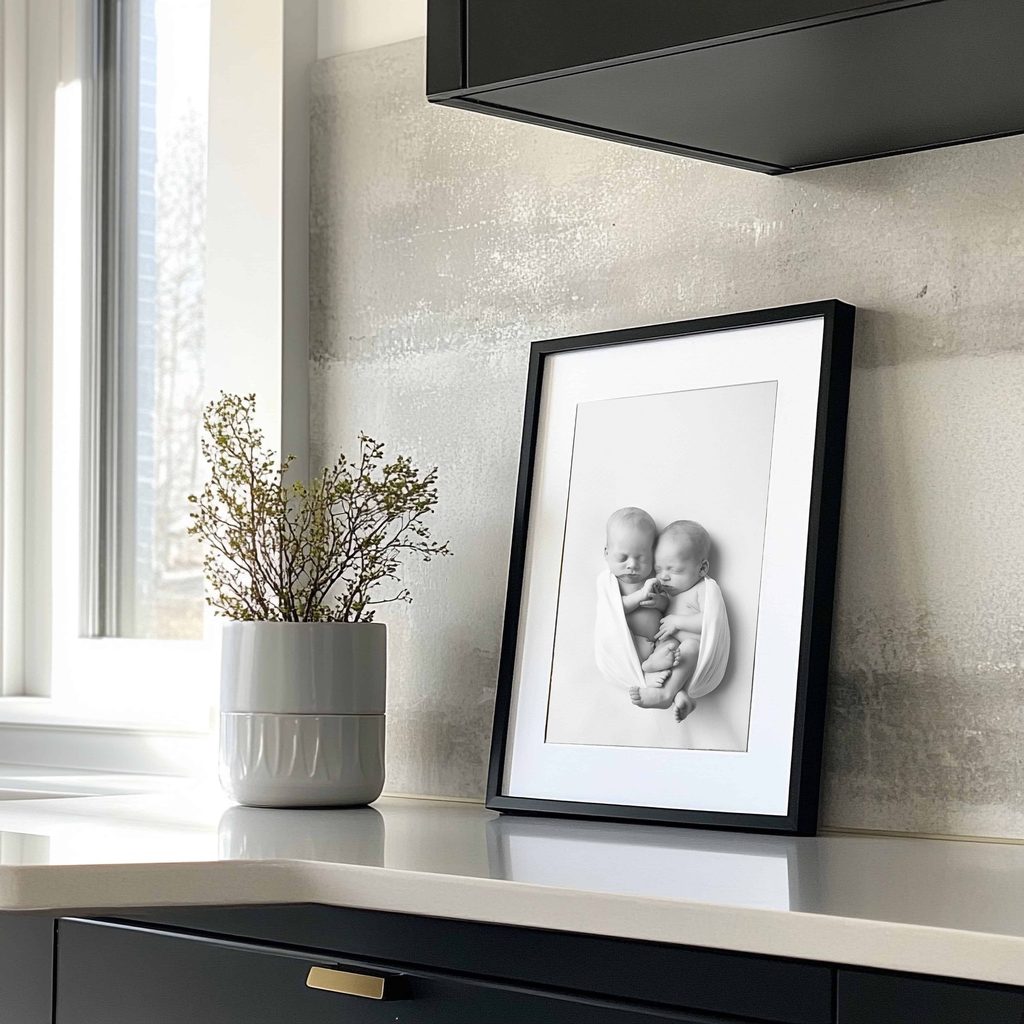 Black-and-white fine art portrait of sleeping newborn twins displayed in a black frame with white matting on a modern kitchen countertop.